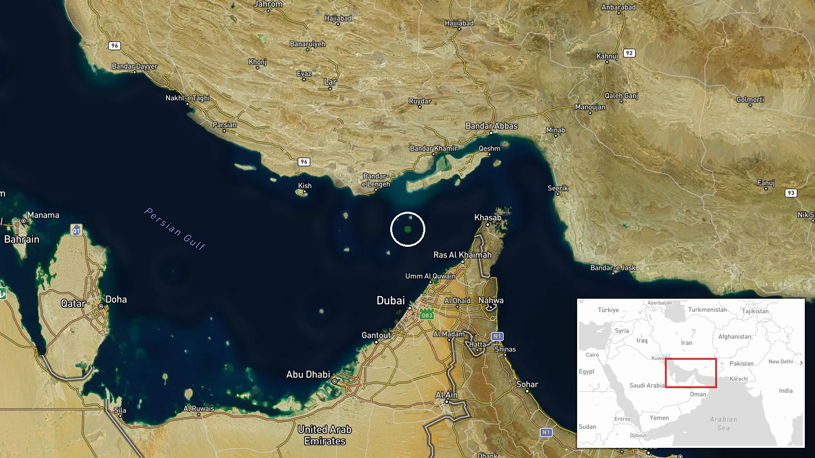 Persian Gulf, Iran-USA Regional Waters — Ballistic Missile location map