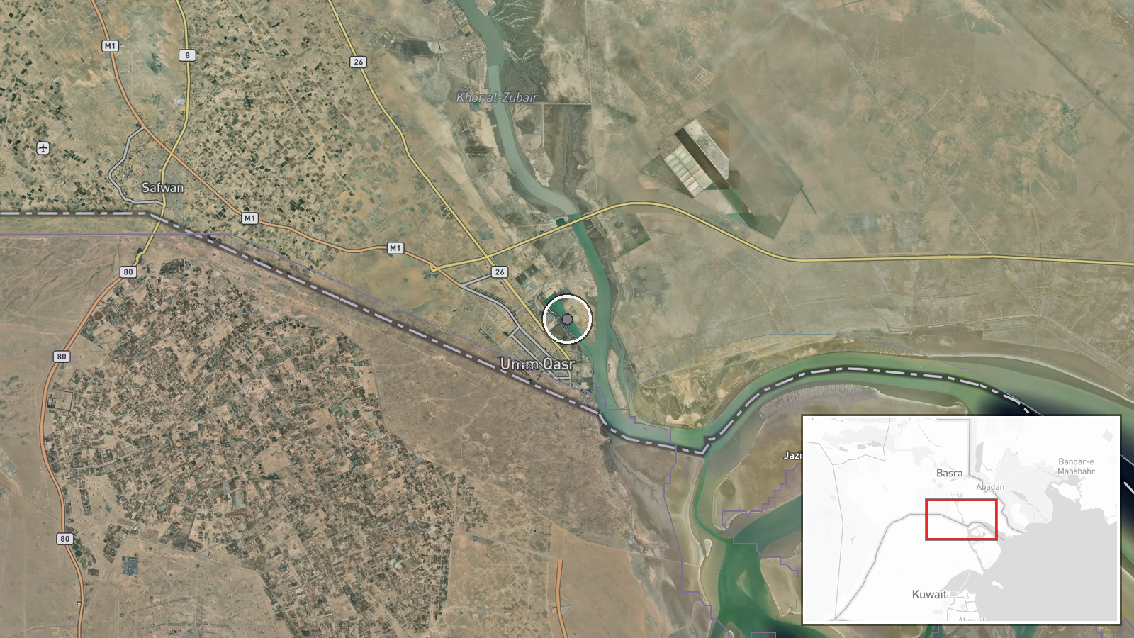 Al-Faw Peninsula, Basra Governorate, Iraq — UAS Strike location map