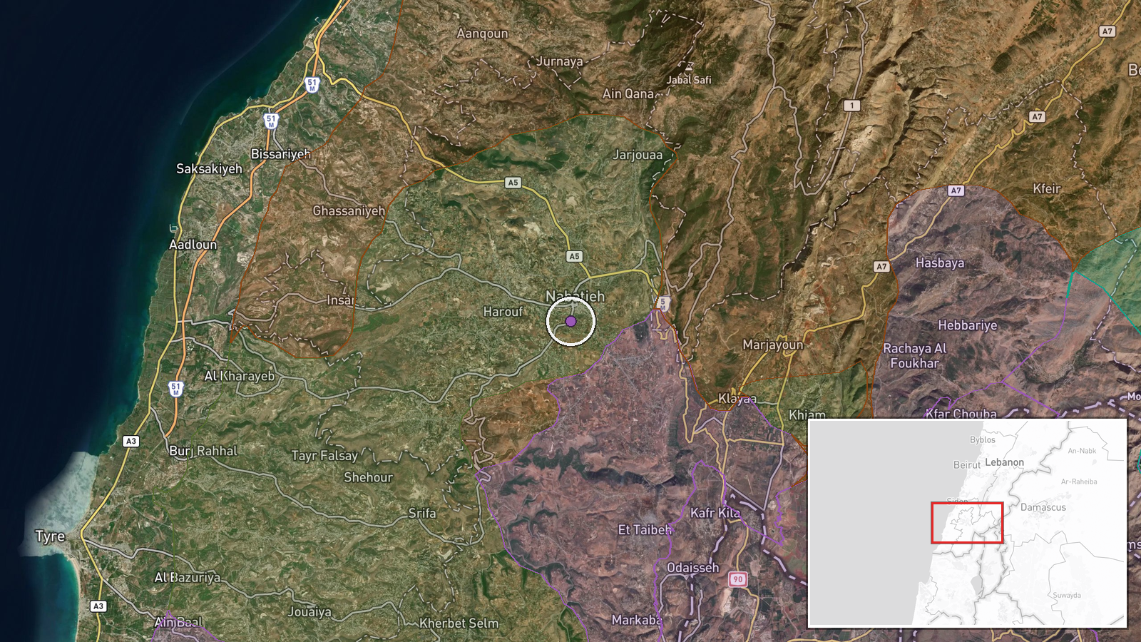 Southern Lebanon — Airstrike location map