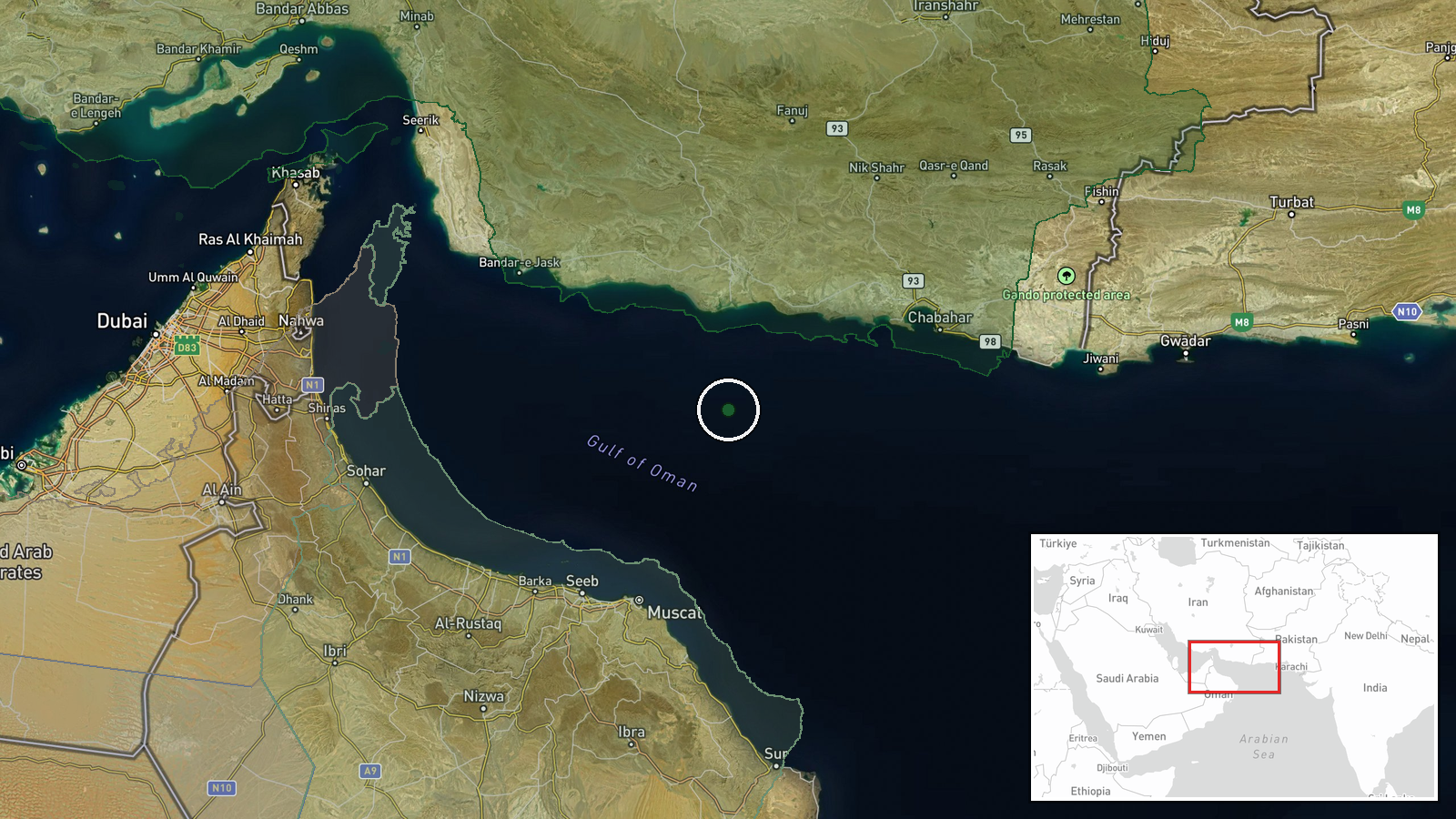 East of Strait of Hormuz, Persian Gulf — Drone Shootdown location map