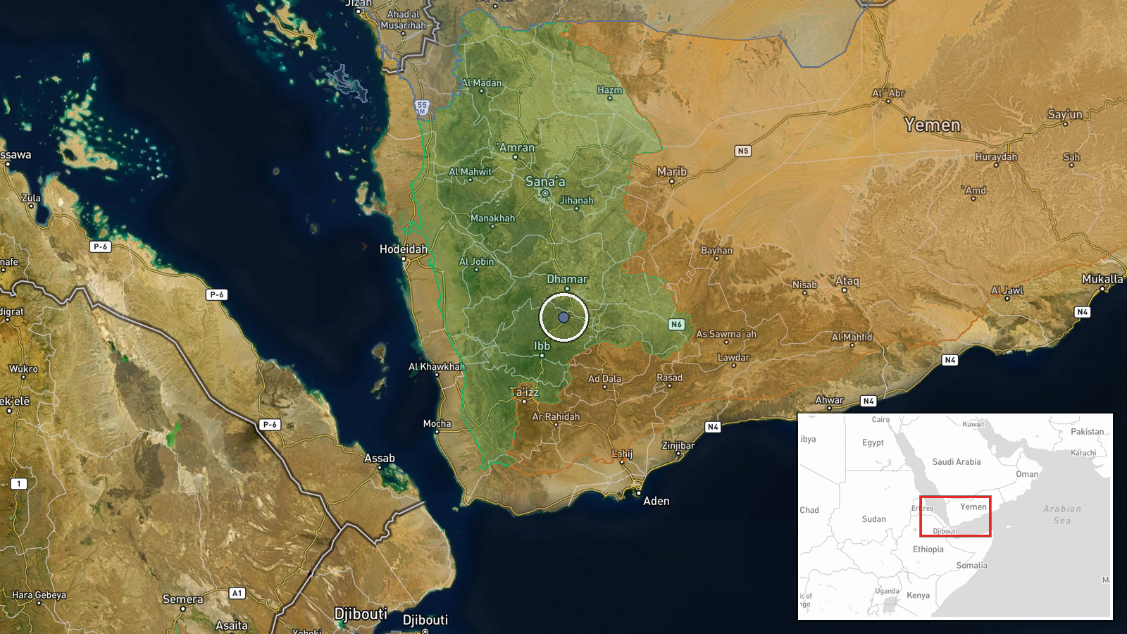 Houthi-controlled areas, Yemen — Airstrike location map