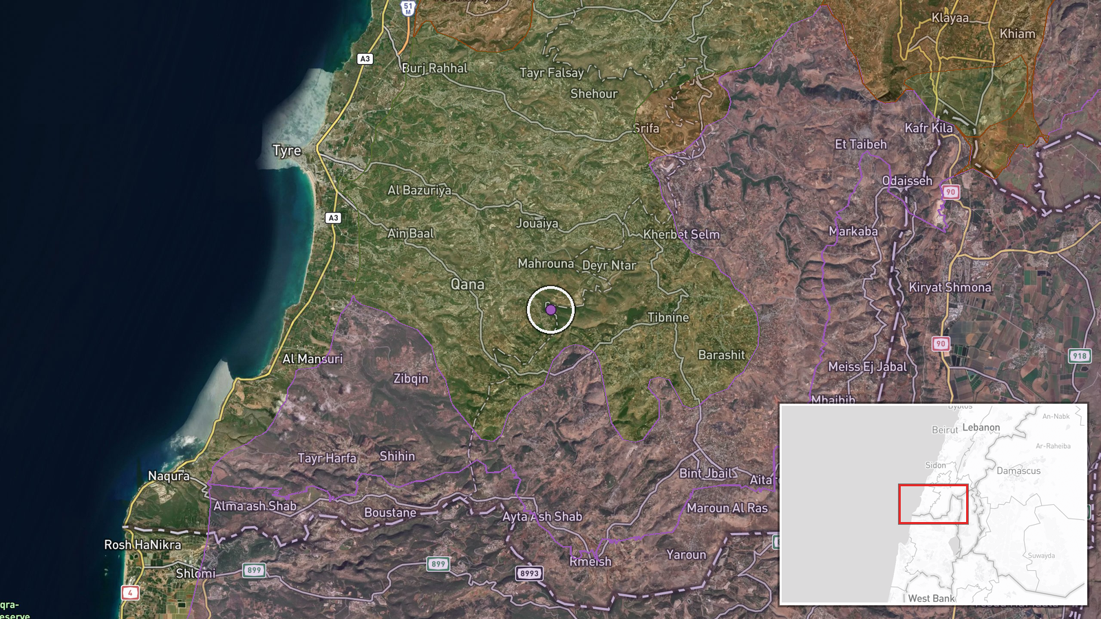 Southern Lebanon, Lebanon — Airstrike location map