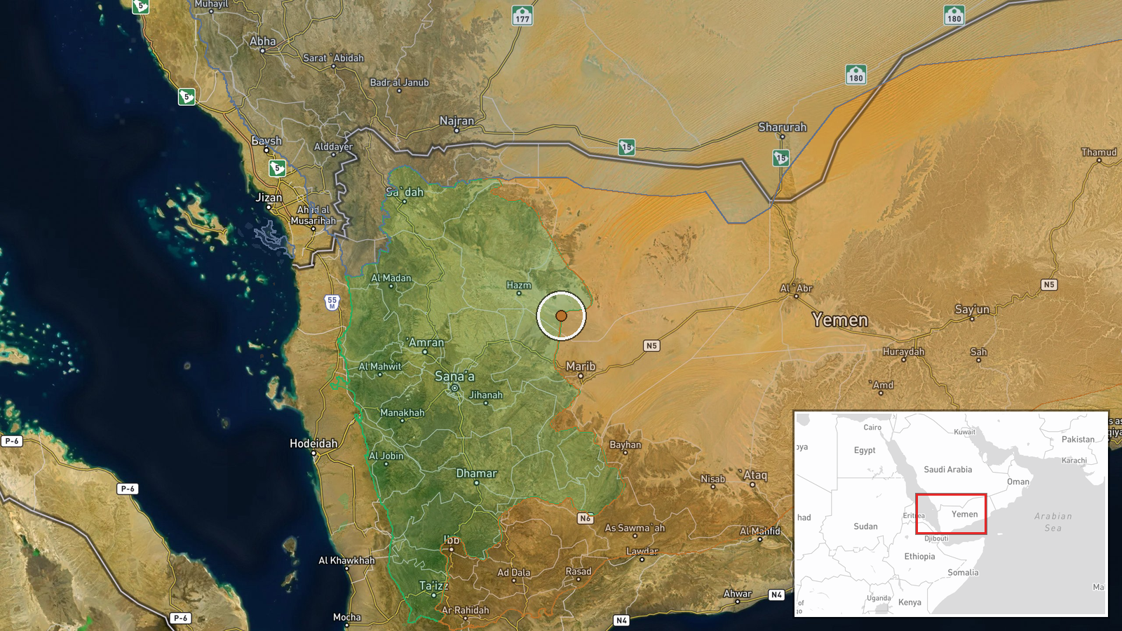 Al-Felicha sector, south of Marib, Marib Governorate, Yemen — Combat location map