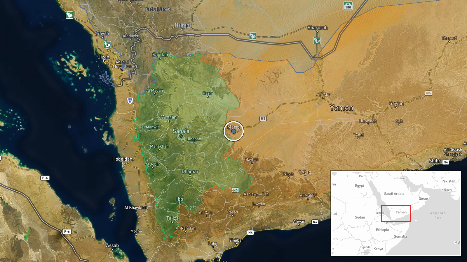 Marib, Marib Governorate, Yemen — Airstrike location map