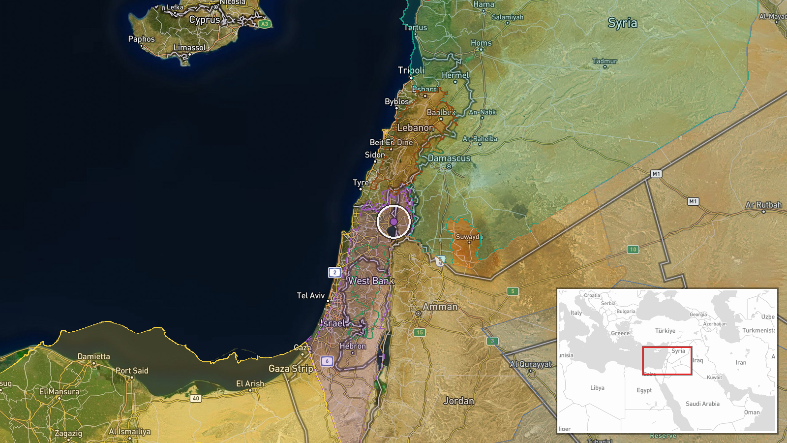 Israeli-controlled Golan Heights, Syria — Security location map