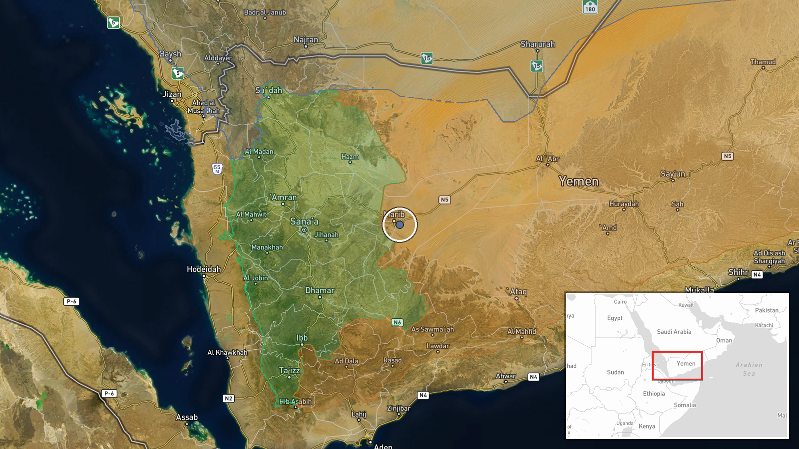 Al-Dalil Bridge, Al-Makhadir District, Marib Governorate, Yemen — Airstrike location map