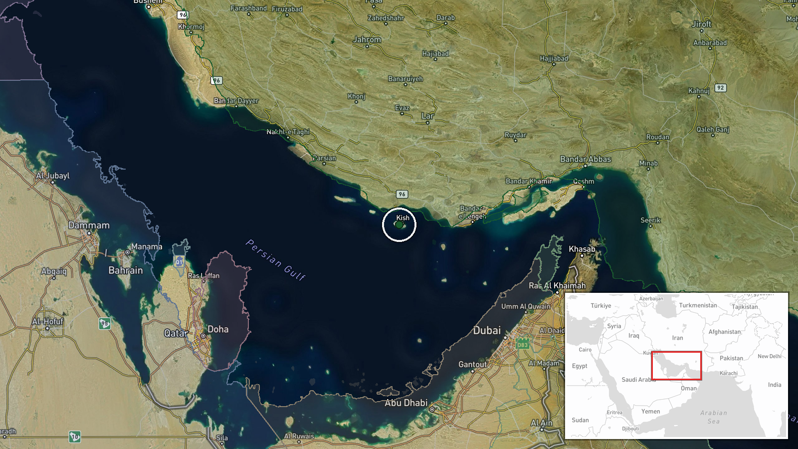 Kish Island, Persian Gulf, Iran — Drone Shootdown location map