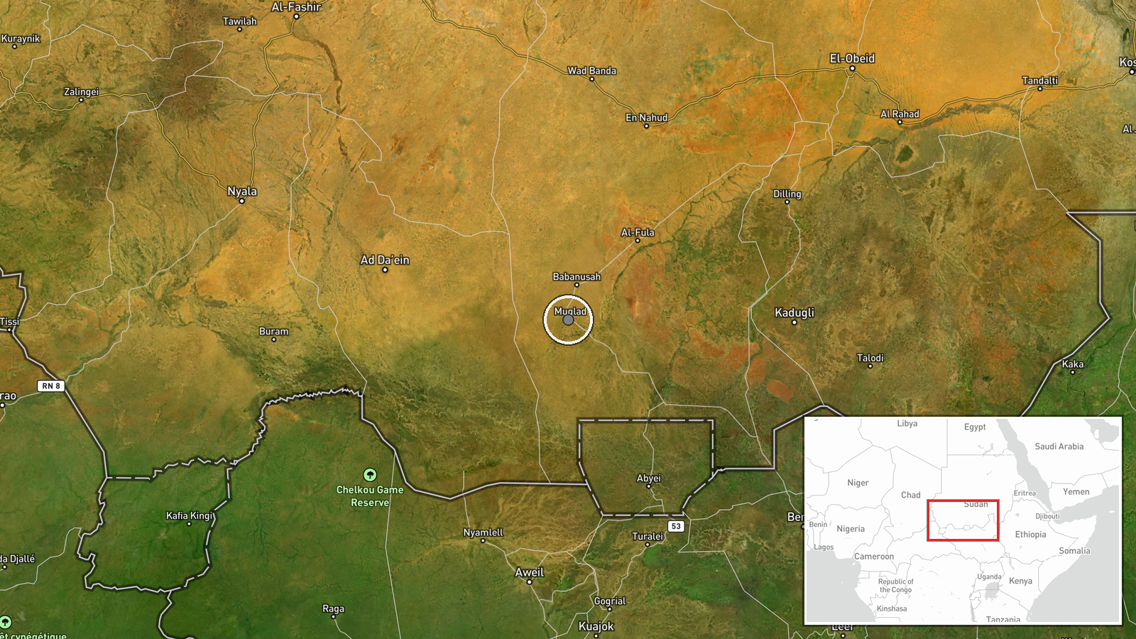 Al-Muglad, West Kordofan, Sudan — UAS Strike location map