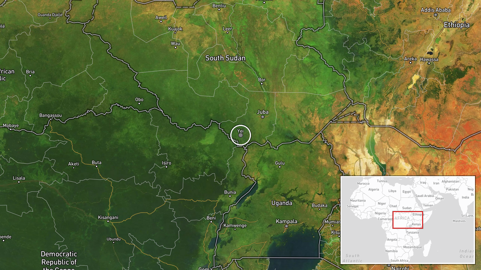 Kondeko, Yei River County, Central Equatoria, South Sudan — Security location map