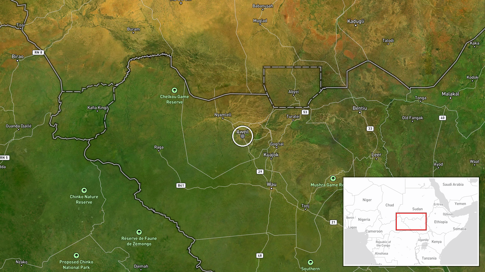 Aweil, Northern Bahr el Ghazal State, South Sudan — Security location map