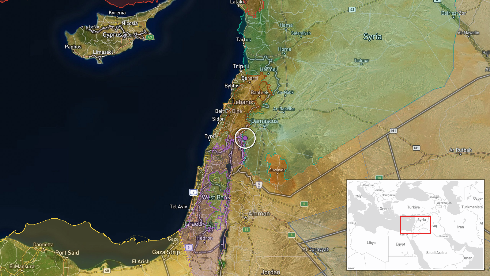 Bayt Jinn, Rif Dimashq, Syria — Artillery location map