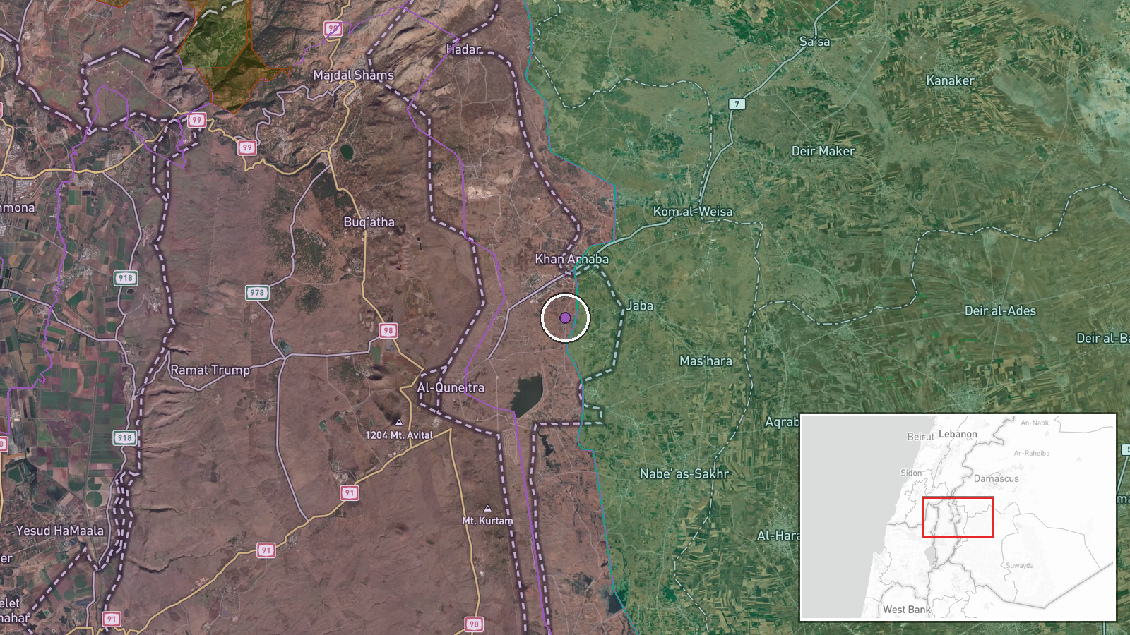 Al-Samadaniyah ash-Sharqiyah, Quneitra Governorate, Syria — Artillery location map