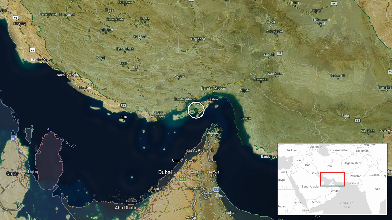 Qeshm Island, Hormozgan Province, Iran — Drone Shootdown location map