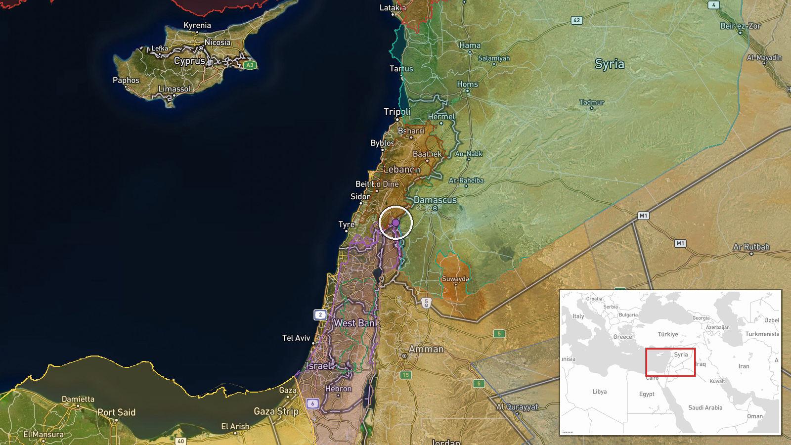 Bat al-Warda Hill, Kisweh, Rif Dimashq, Syria — Artillery location map
