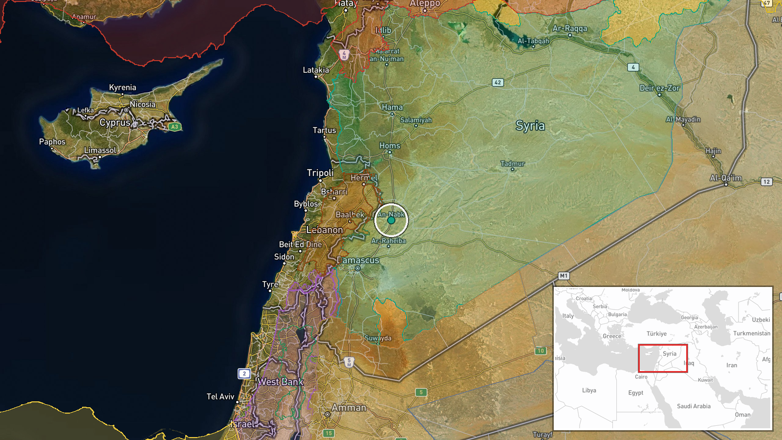 Nabek and Ybroud, Rif Dimashq Governorate, Syria — Security location map