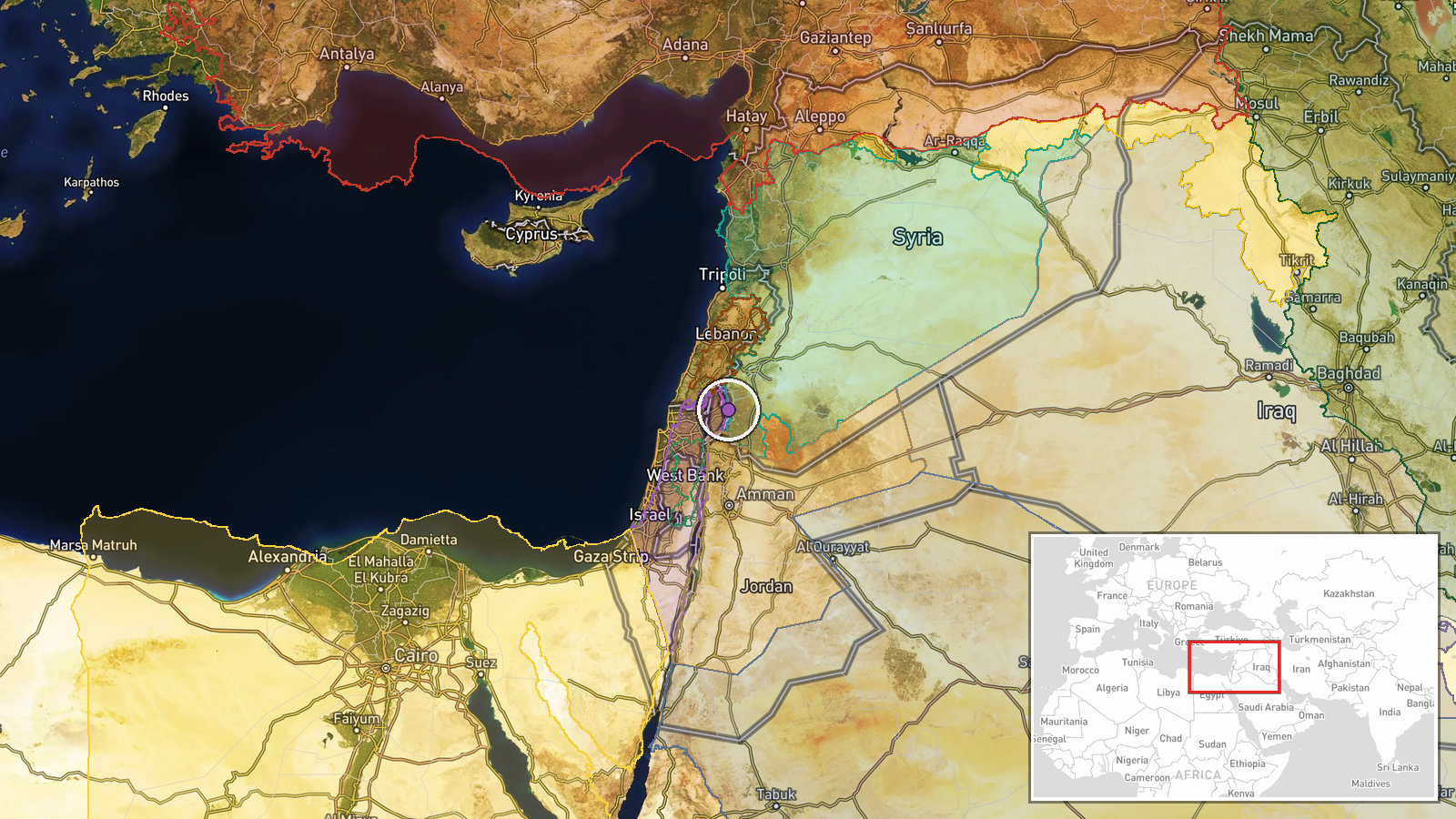Between Kudnah and Breqah, Quneitra Governorate, Syria — Artillery location map