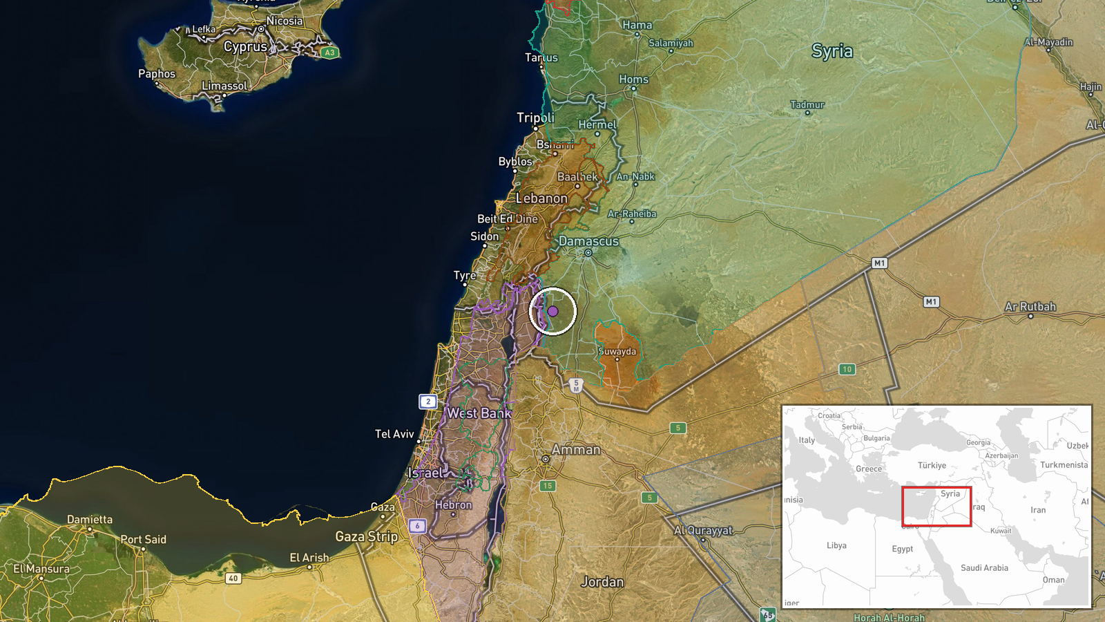 Tel Ahmar, Quneitra Governorate, Syria — Artillery location map