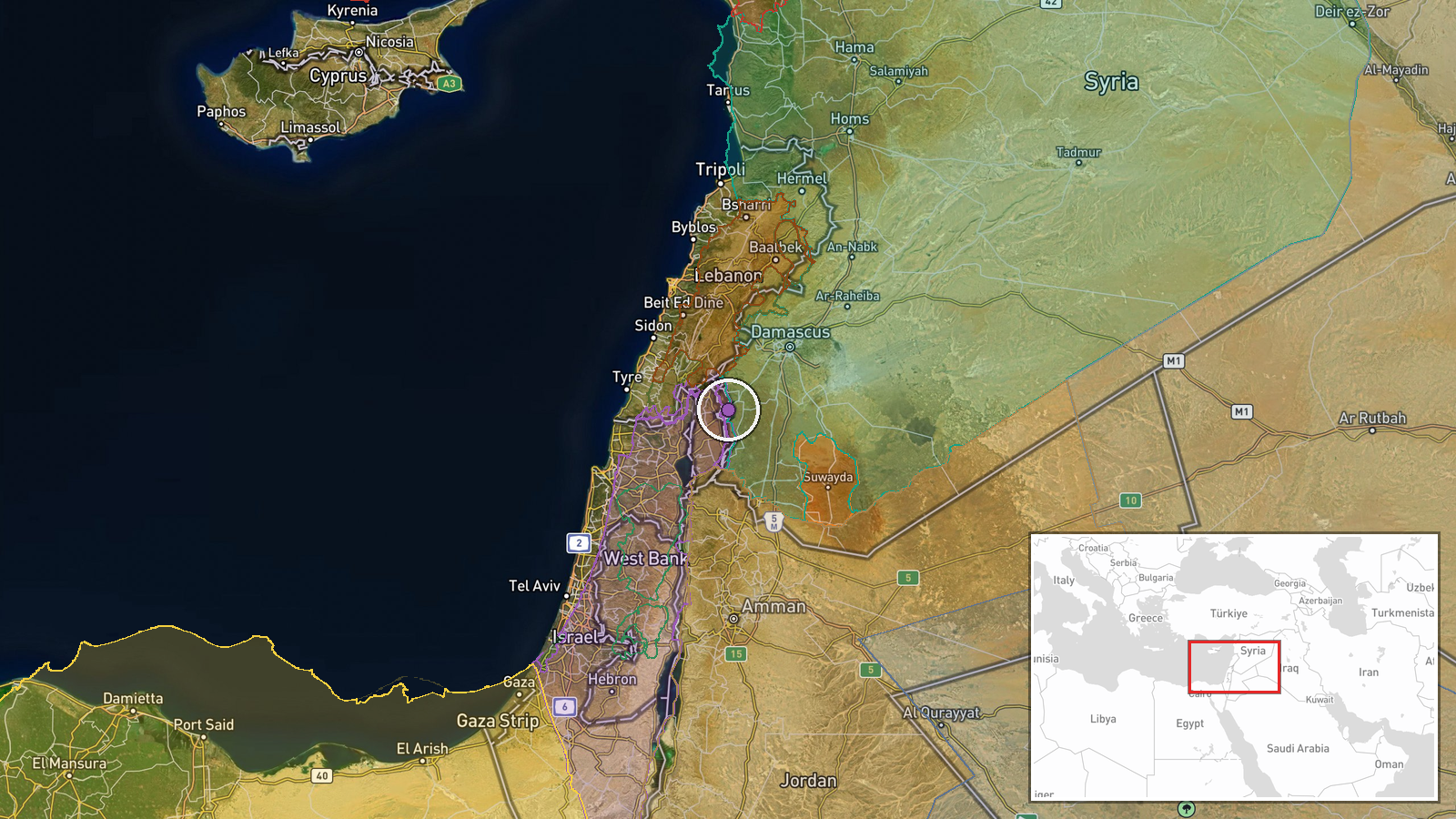 Al-Samdaniyah ash-Sharqiyah, Quneitra, Syria — Artillery location map