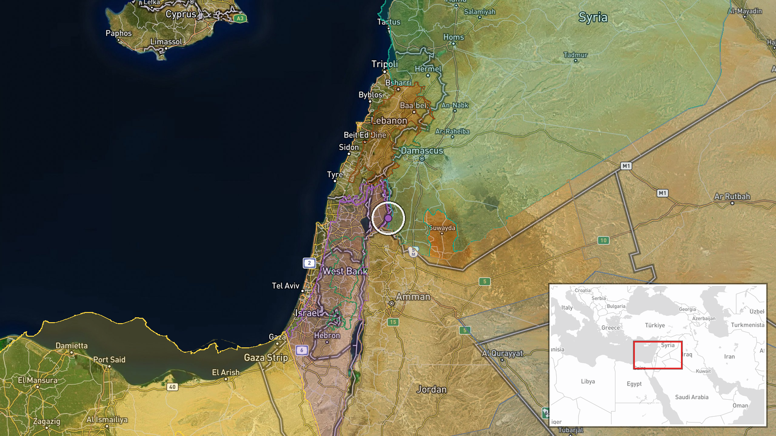 Razzaniyeh and Abu Mudhara farms, west of Sidon al-Golan, Quneitra Countryside, Syria — Security location map