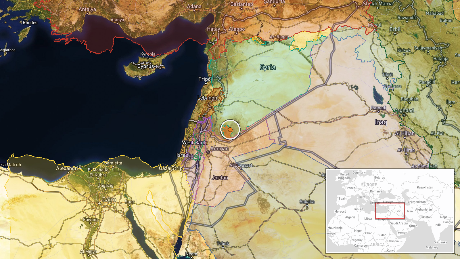 Western Suwayda countryside, Suwayda Governorate, Syria — UAS Strike location map