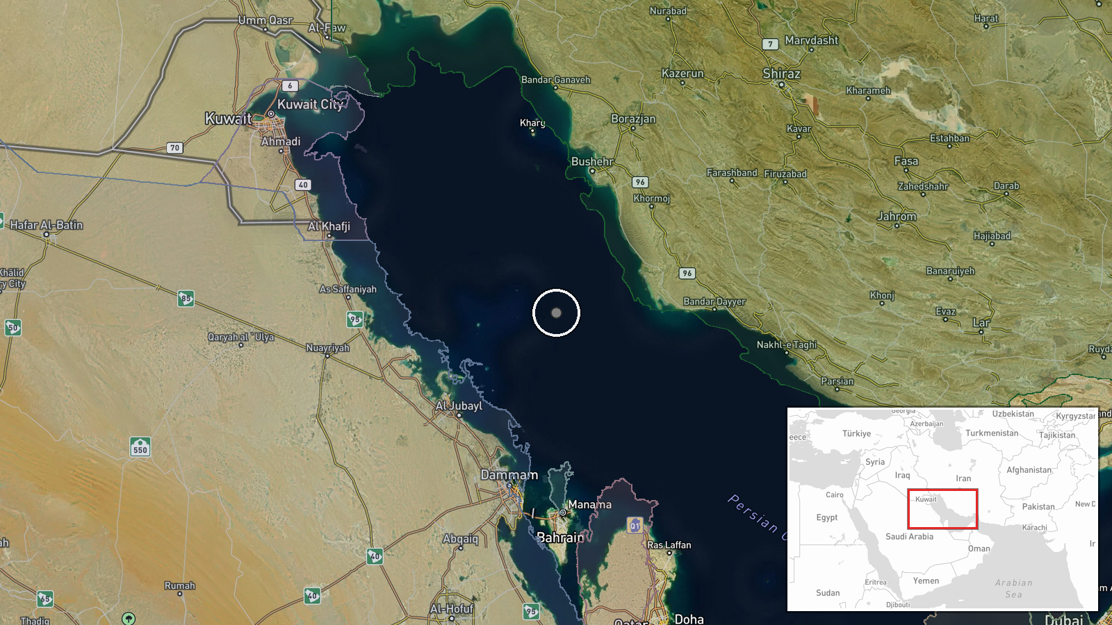 Persian Gulf, offshore northeast of Al Jubayl, Saudi Arabia — Cargo Ship location map
