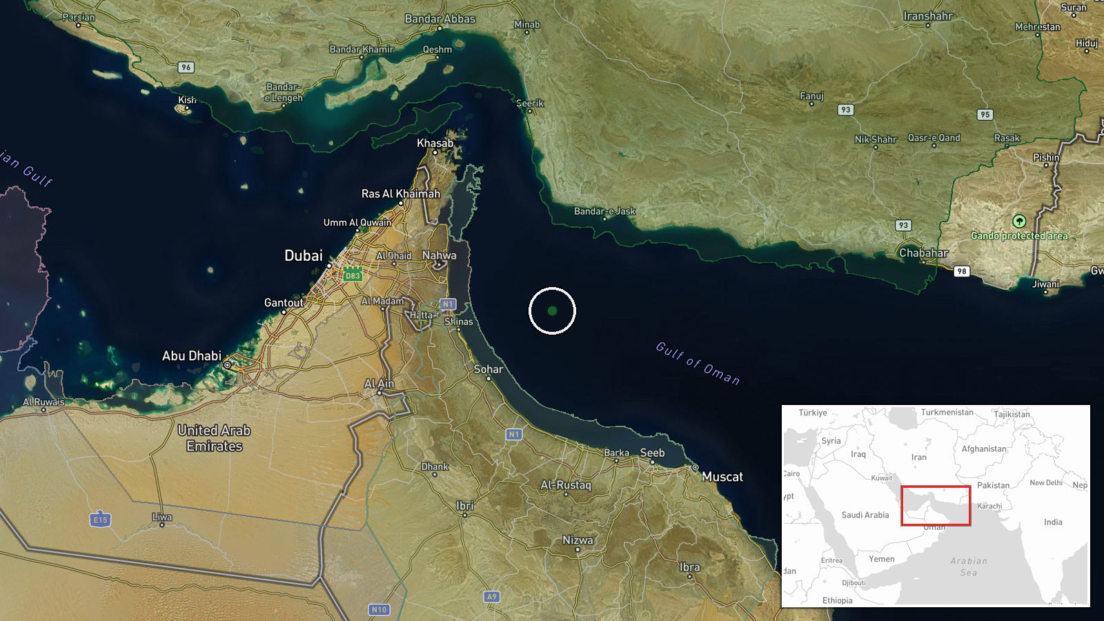 Gulf of Oman, south of Strait of Hormuz — Artillery location map