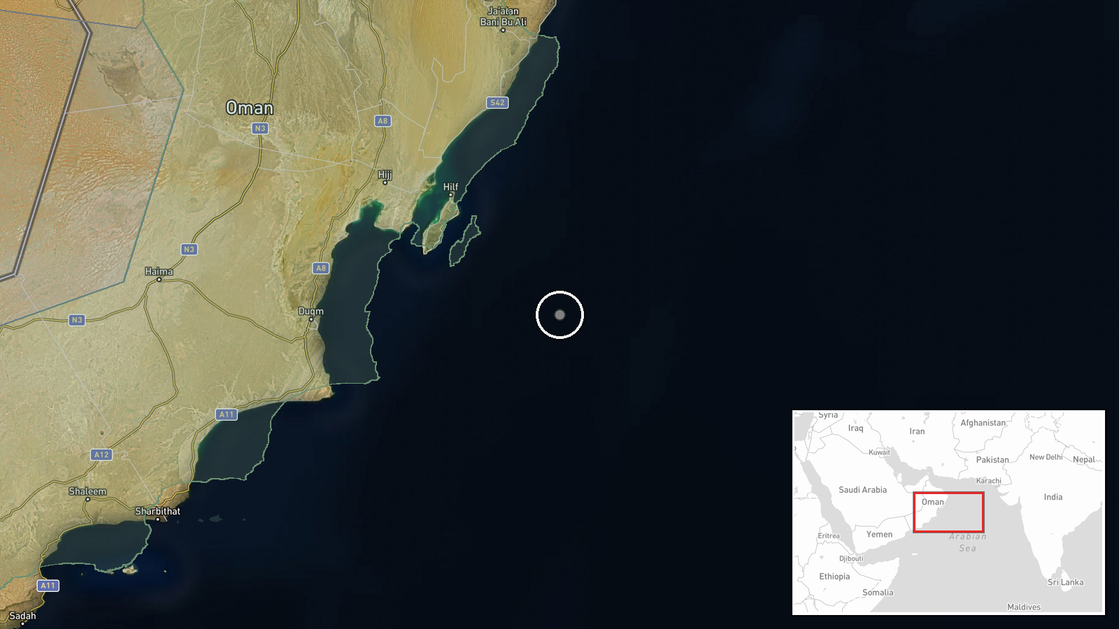 Arabian Sea, 121 nm east of Duqm, Oman — Report location map