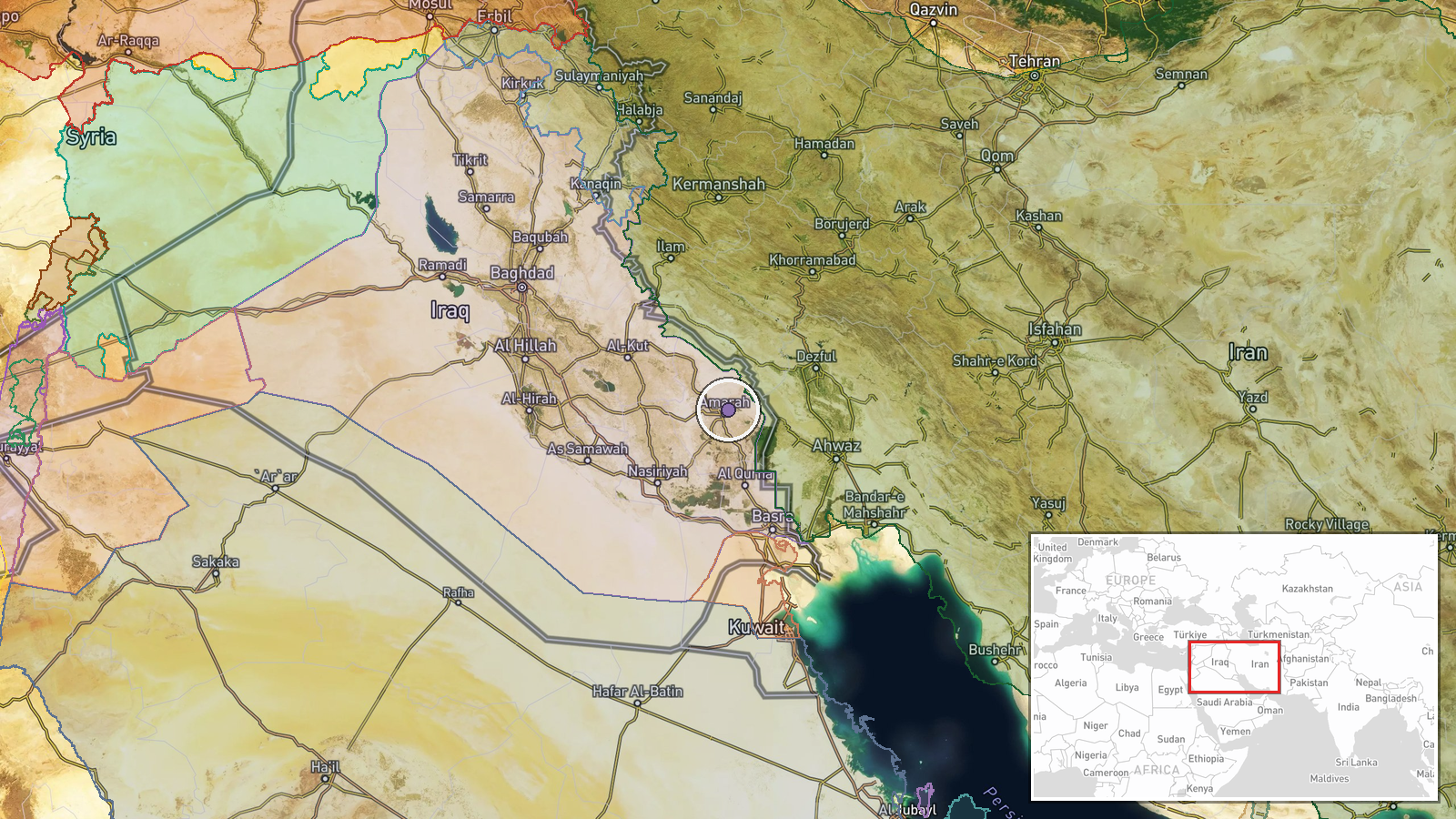 Al Sheeb border crossing, Maysan Governorate, Iraq — Security location map