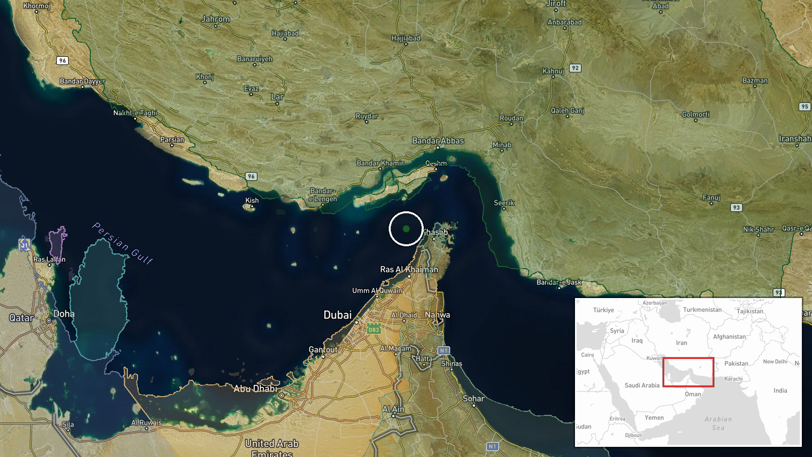 Persian Gulf, west of Strait of Hormuz — Combat location map