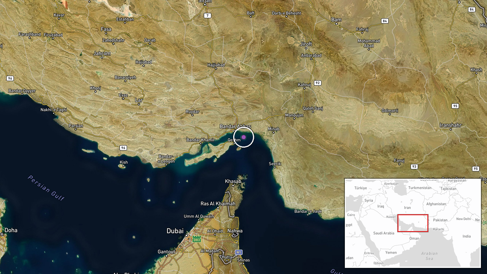 Strait of Hormuz, Persian Gulf — Drone Shootdown location map