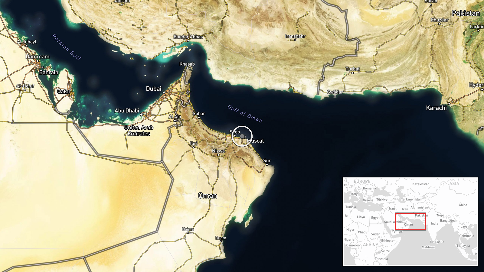 Gulf of Oman, Strait of Hormuz exit — Ballistic Missile location map