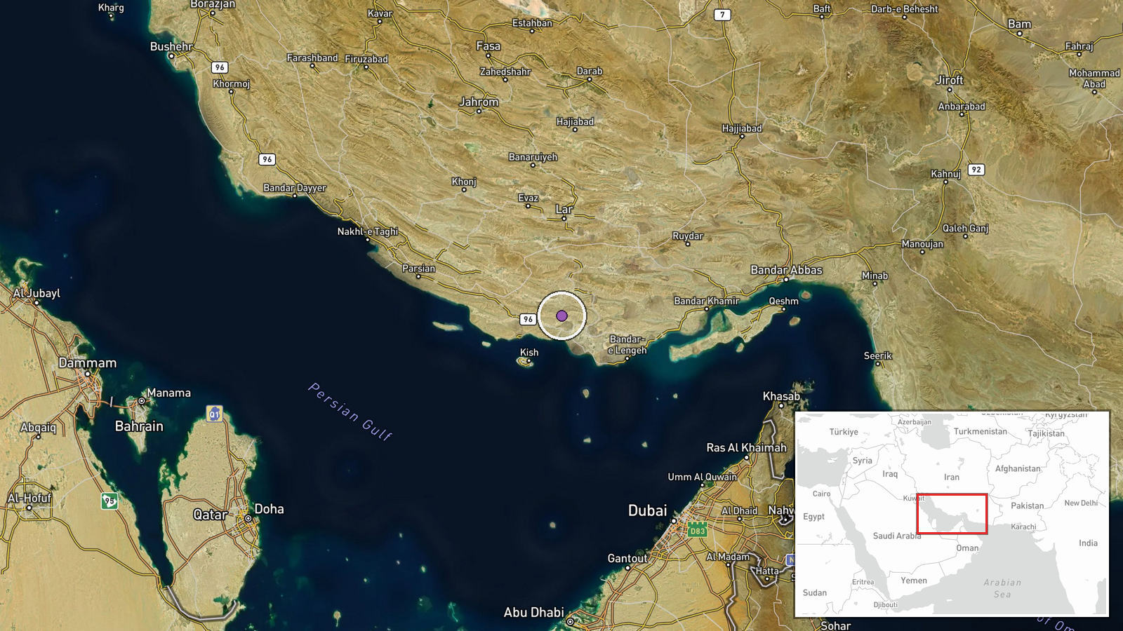 Southern Iranian Coast (Qeshm, Chabahar, Bandar Abbas, Konarak, Jask, Sirik, Minab), Hormozgan Province, Iran — Ballistic Missile location map