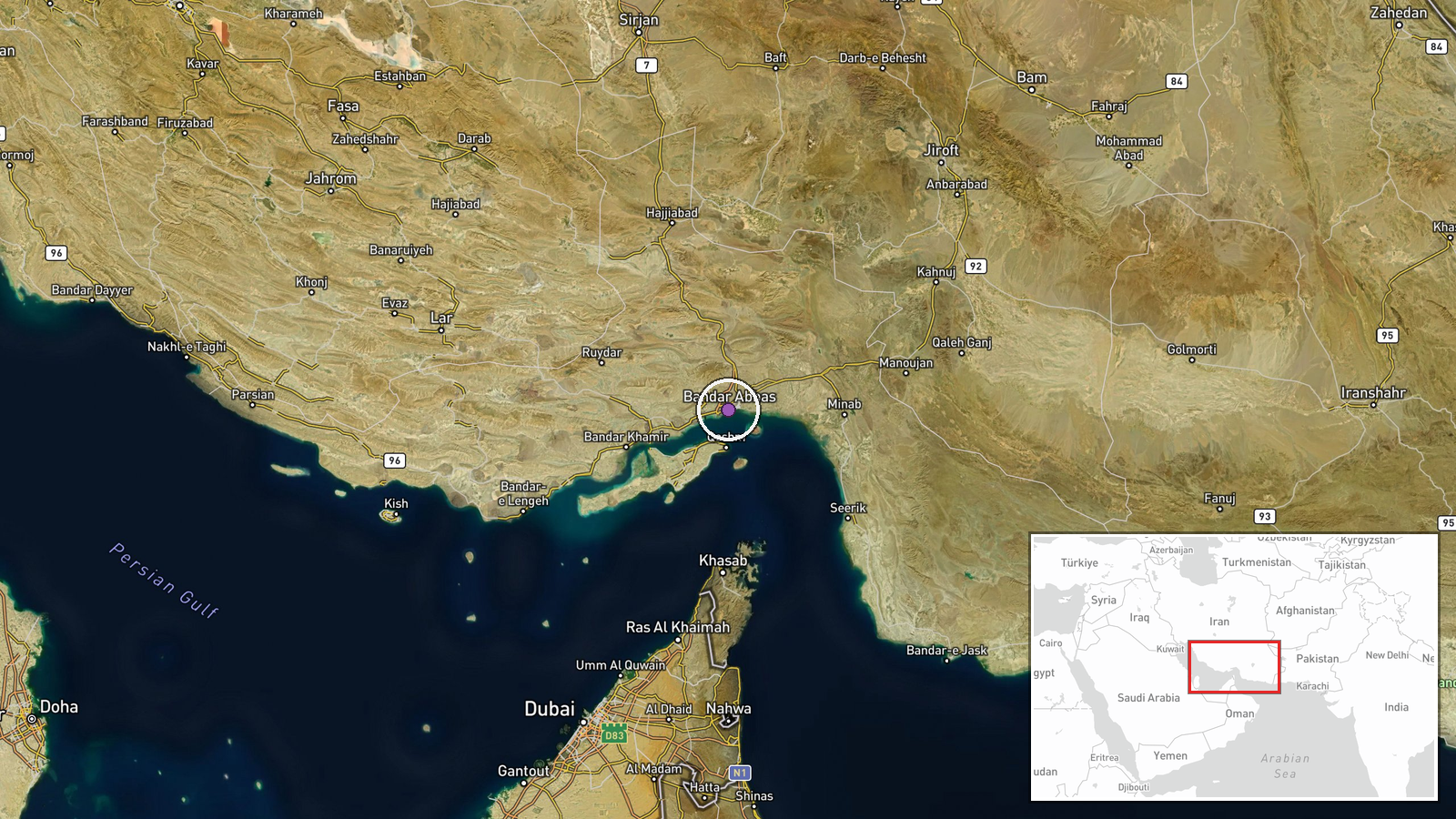 Persian Gulf waters off Bandar Abbas, Hormozgan, Iran — Ballistic Missile location map