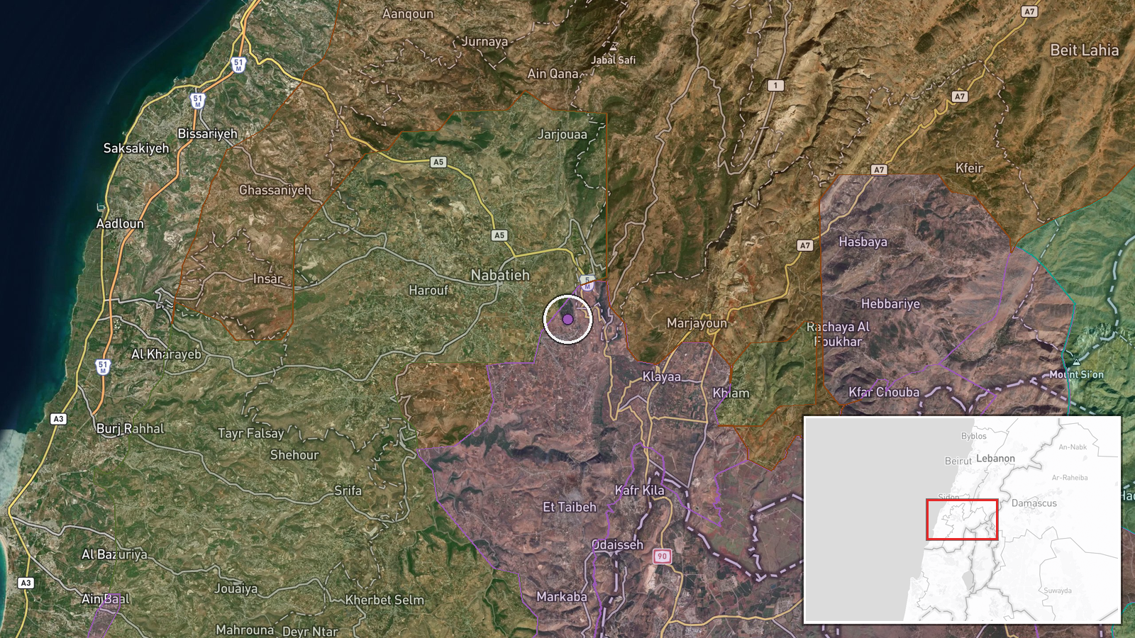 Ali Taher Ridge, South Lebanon — Airstrike location map