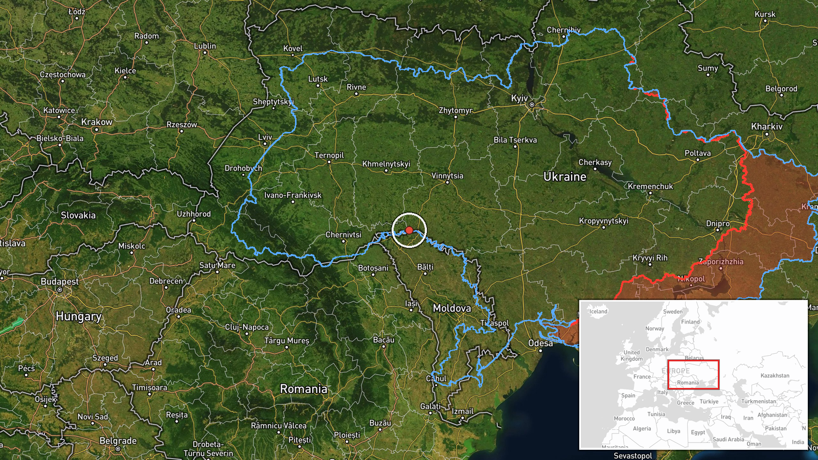 Starokozache, Ukraine-Moldova border crossing, Chernivtsi Oblast, Ukraine — UAS Strike location map