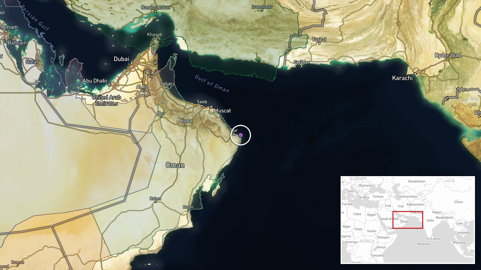 North Arabian Sea, ~220 km east of Oman — Naval location map