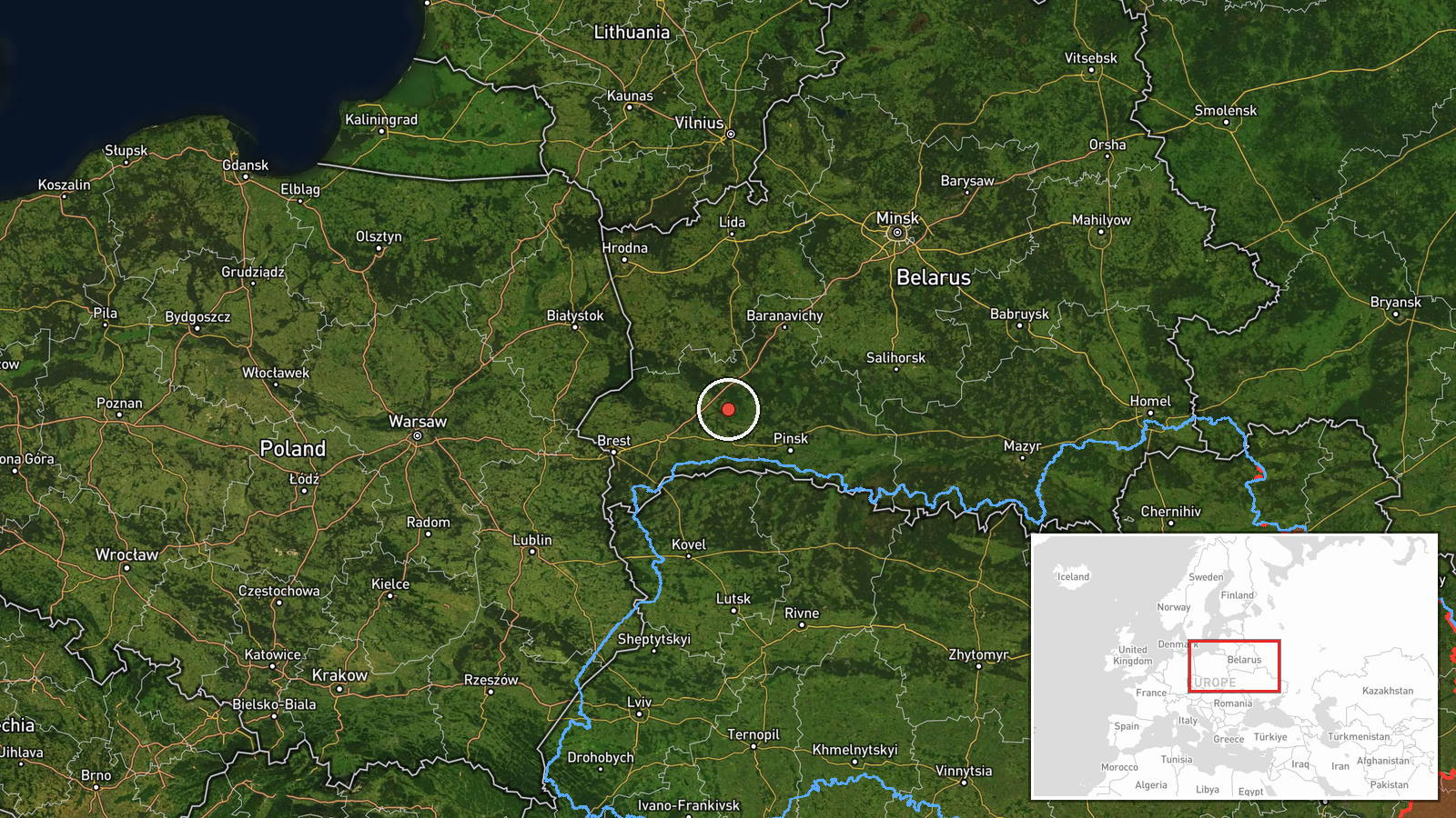 Yahodyn Border Crossing, Brest Oblast, Belarus — UAS Strike location map