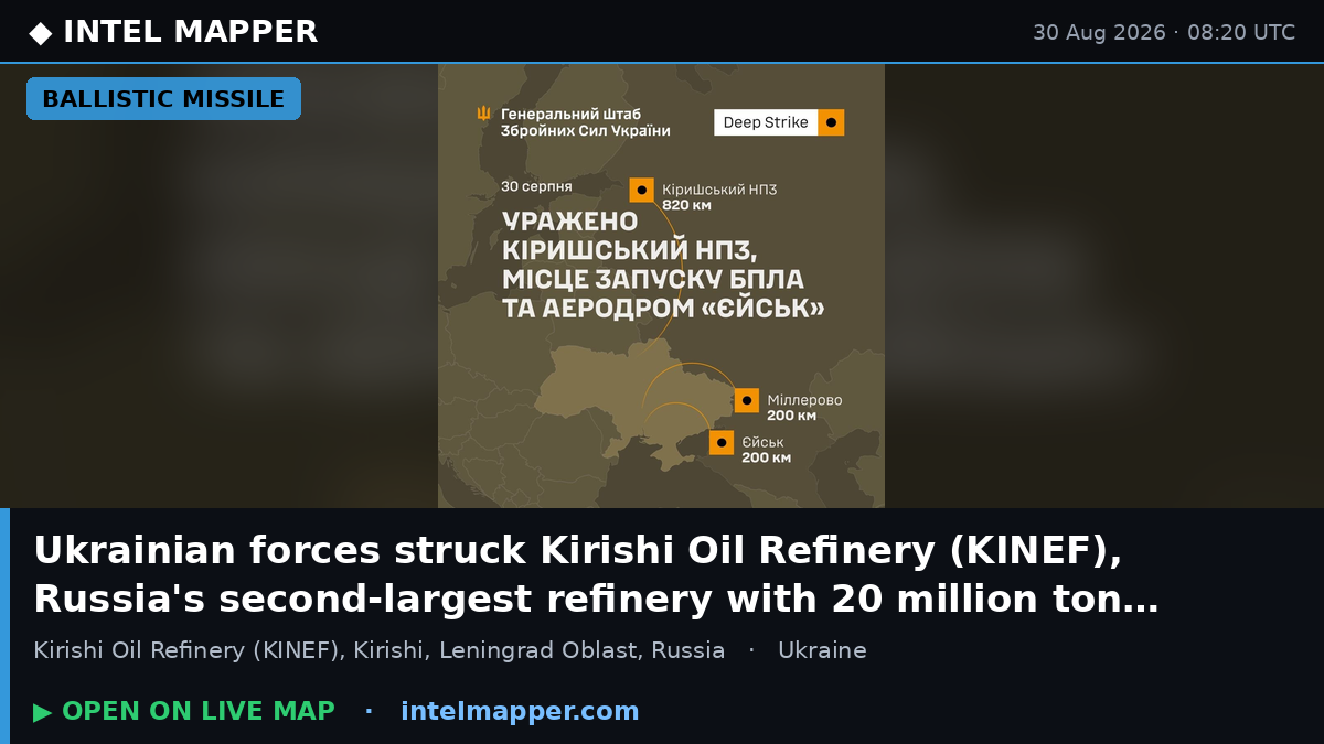 Ukrainian forces struck Kirishi Oil Refinery (KINEF), Russia's second-largest refiner…