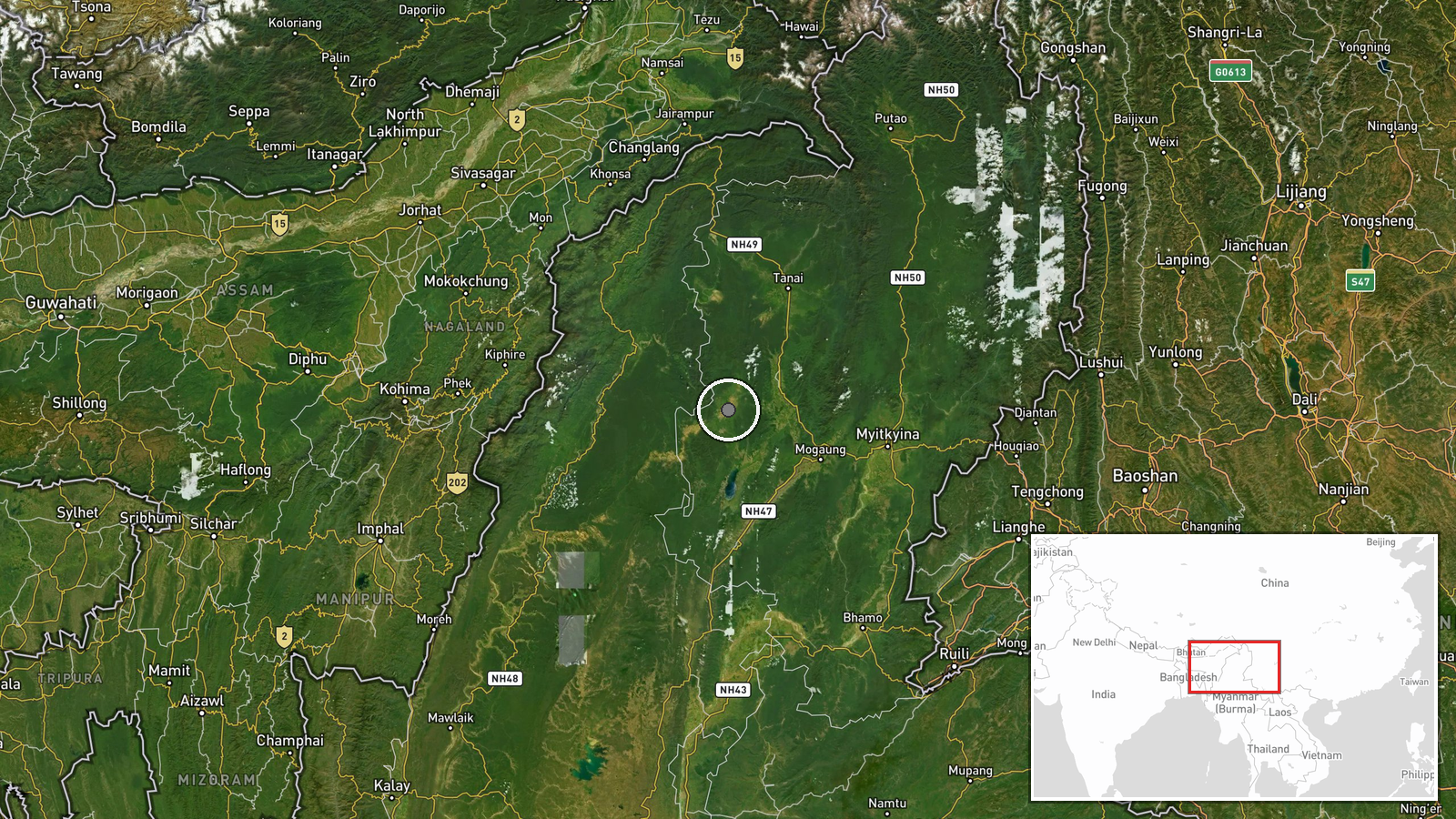 Hpakant, Kachin State, Myanmar — Artillery location map