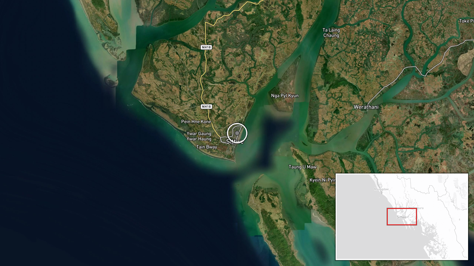 Min Bar Gyi Road, Maulik Ward, Sittwe, Rakhine State, Myanmar — Artillery location map