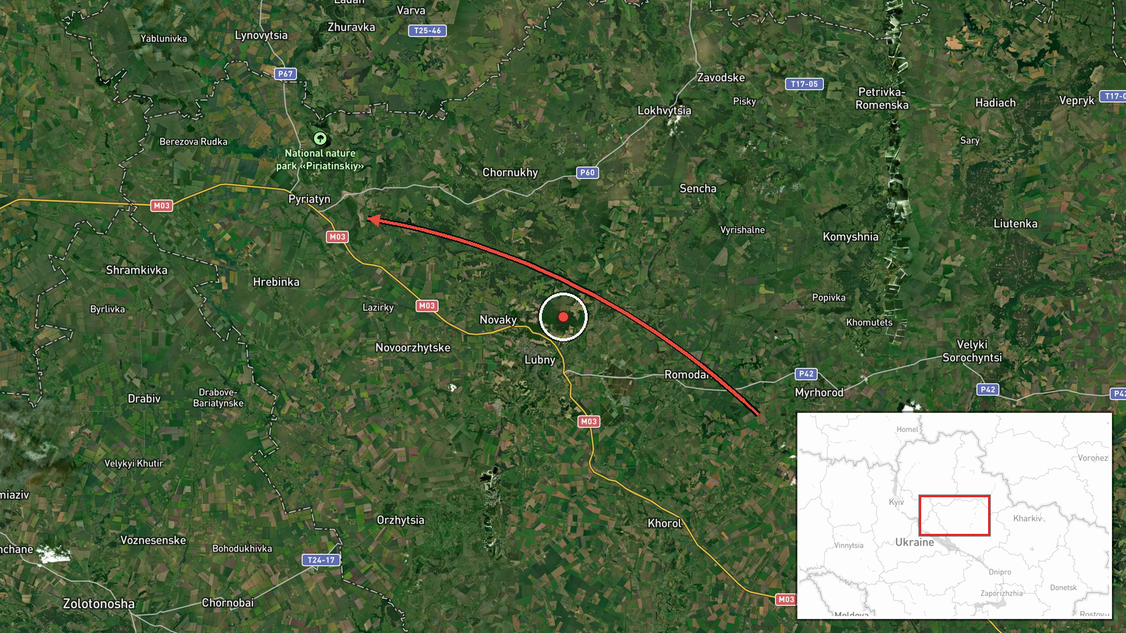 Pyryatyn, Ukraine — Drone Transit location map