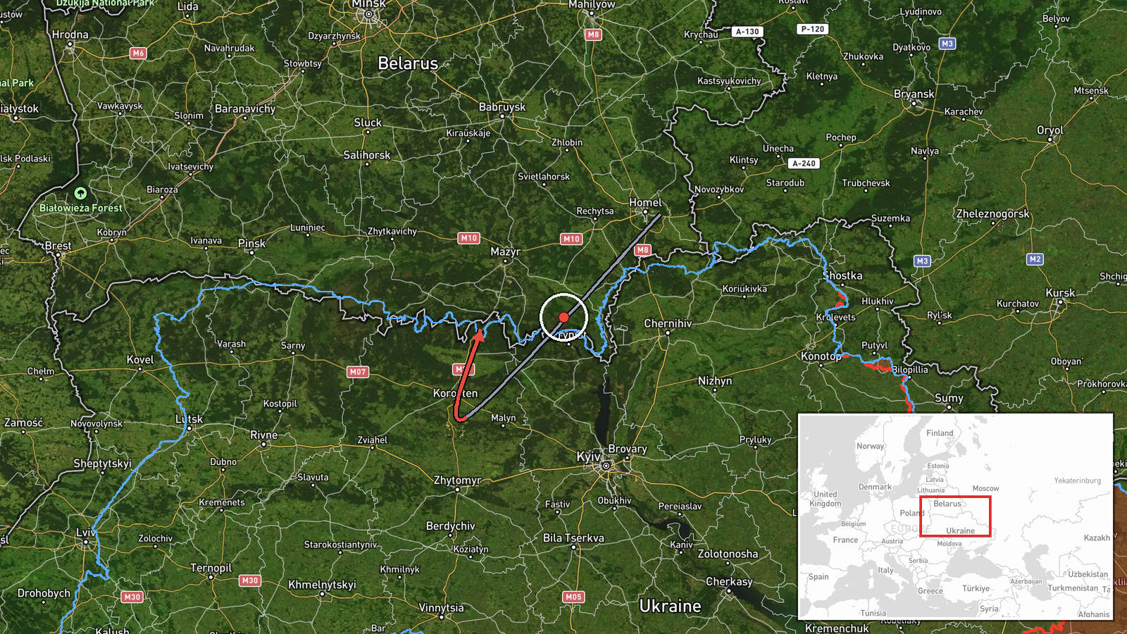 Northern Zhytomyr Oblast to Northern Rivne Oblast, Ukraine — Drone Transit location map
