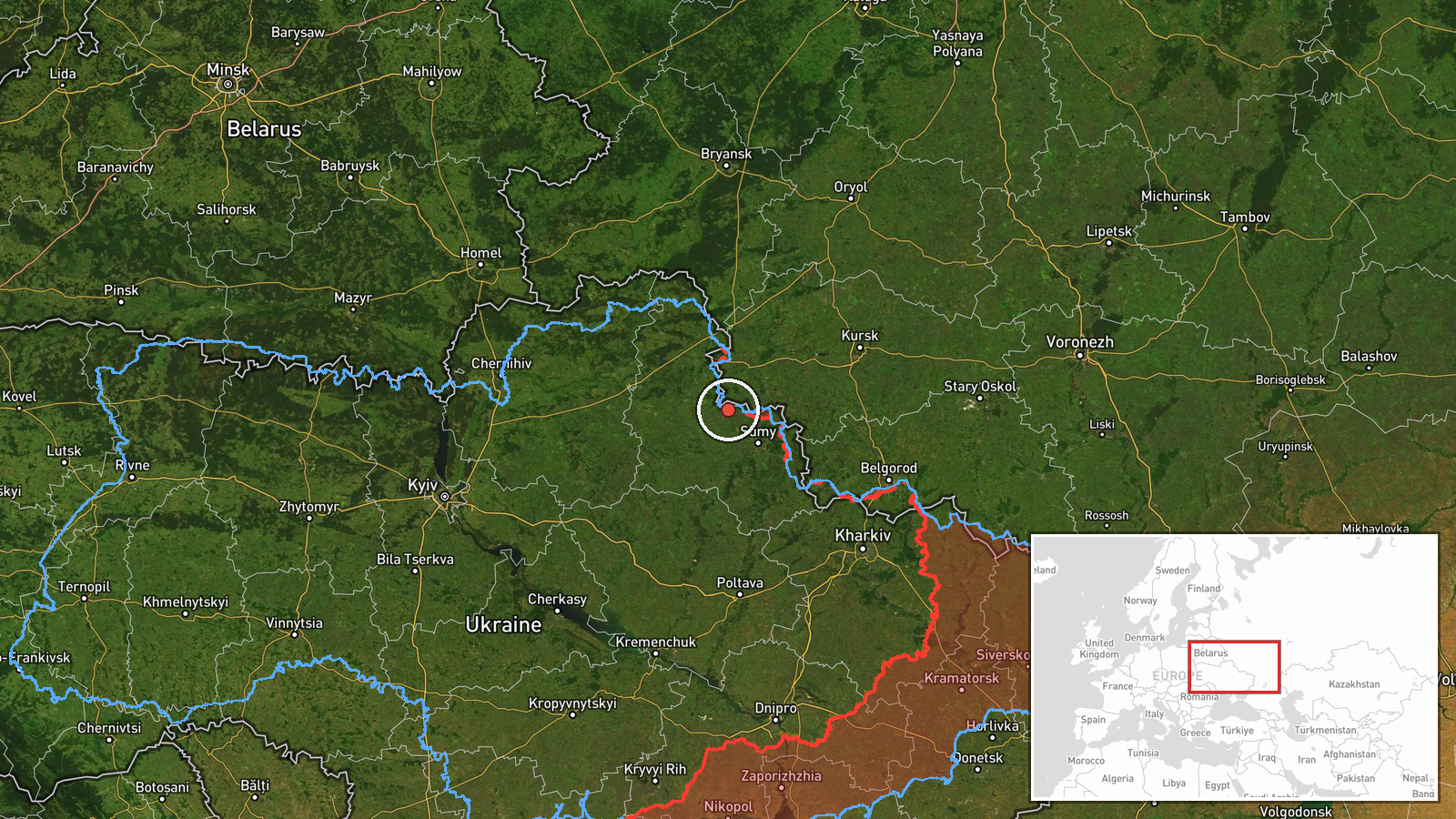 Near Bilopillia, Sumy, Ukraine (front line, estimated) — Airstrike location map