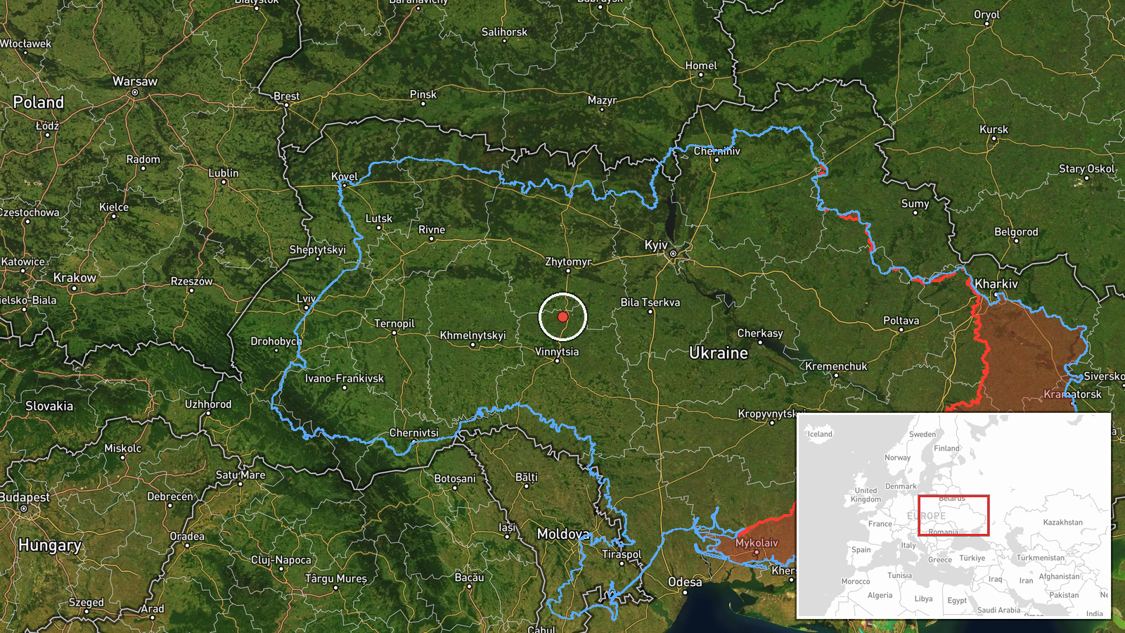 Vinnytsia–Zhytomyr border area, Ukraine — Drone Transit location map