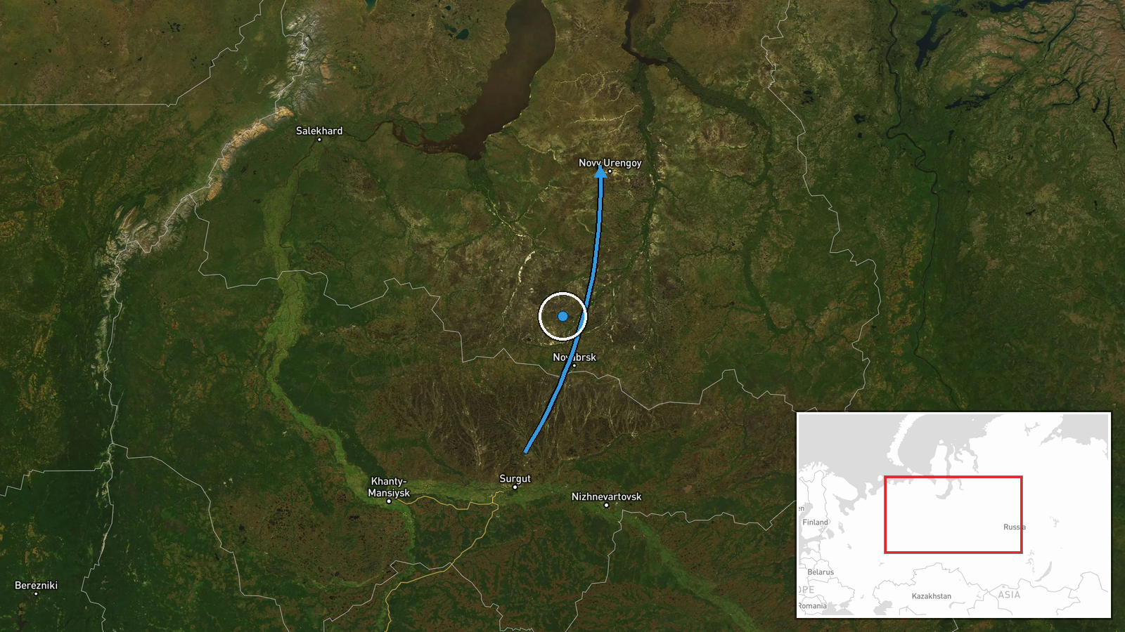 En route: Surgut → Novy Urengoy Gas Condensate Plant (ZPKT), Yamalo-Nenets Autonomous Okrug, Russia — UAS Strike location map