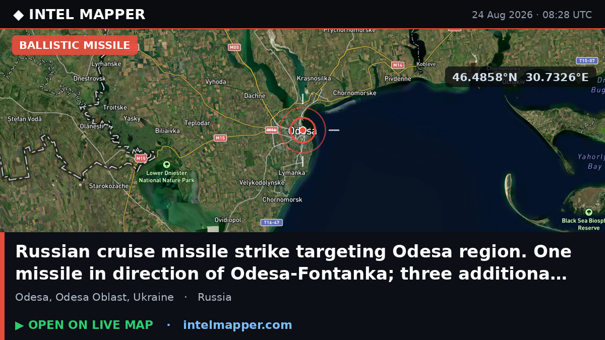 Russian cruise missile strike targeting Odesa region. One missile in direction of Odesa-Fo…