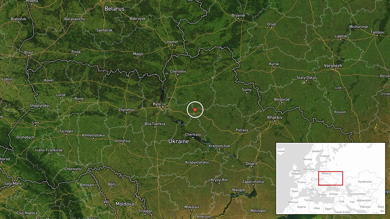En route: Tsimbulatovo, Orel Oblast, Russia → Kyiv Oblast, Ukraine — Drone Transit location map