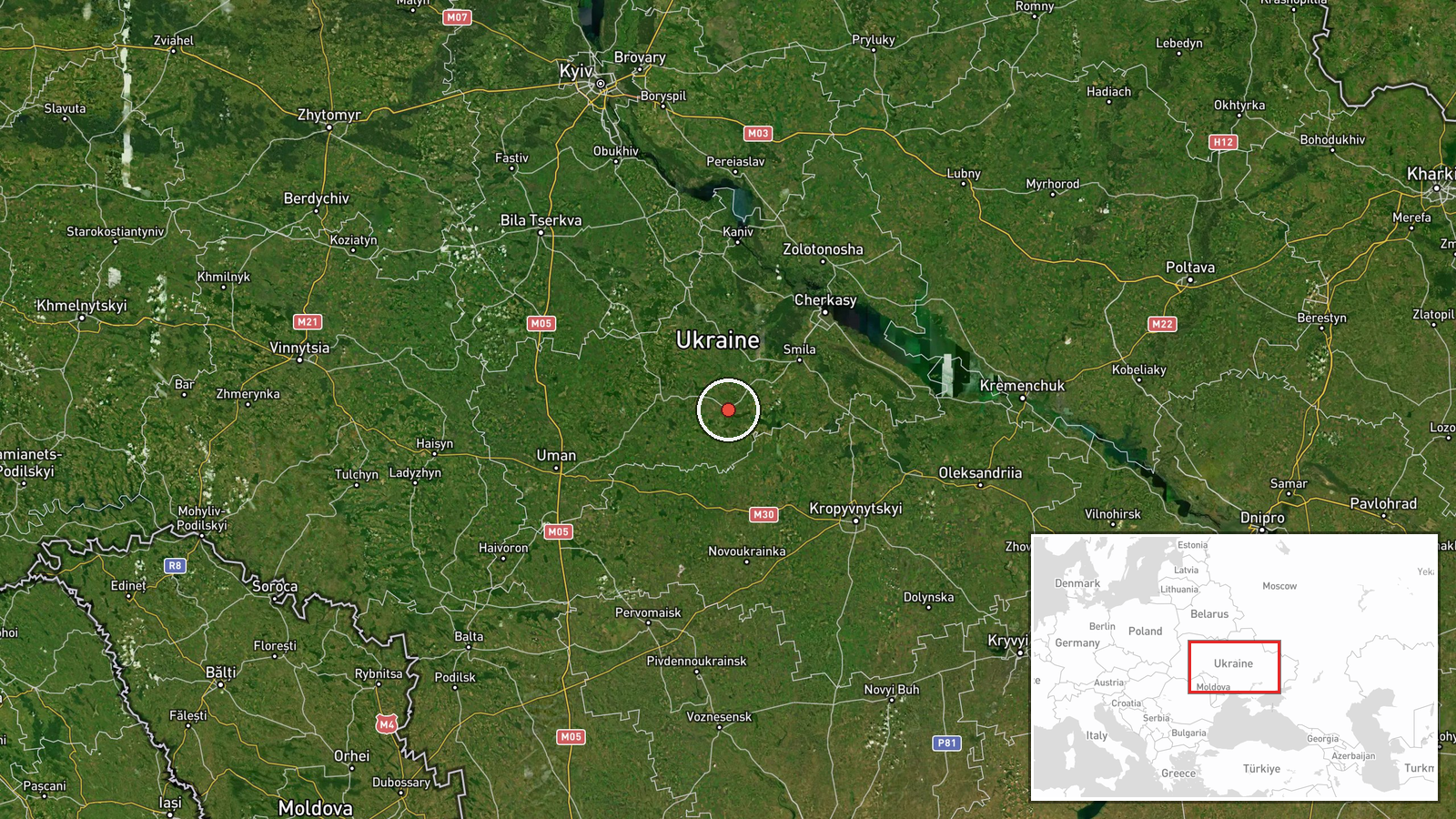 En route: Shpola, Cherkasy Oblast → Bilotserkivskyi District, Kyiv Oblast, Ukraine — Cruise Missile location map