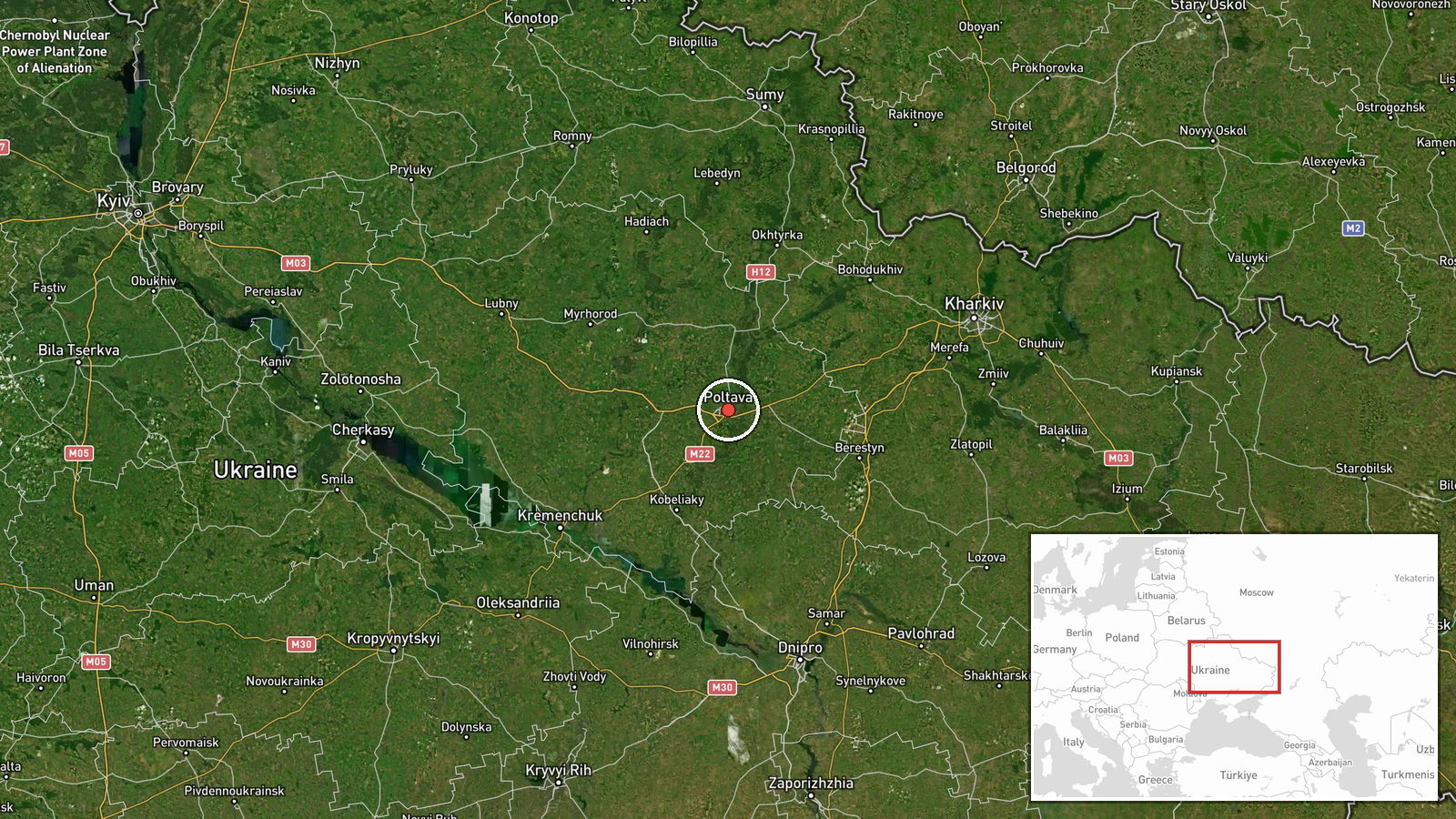 En route: Pryatin, Poltava Oblast → Kyiv, Kyiv City, Ukraine — Ballistic Missile location map