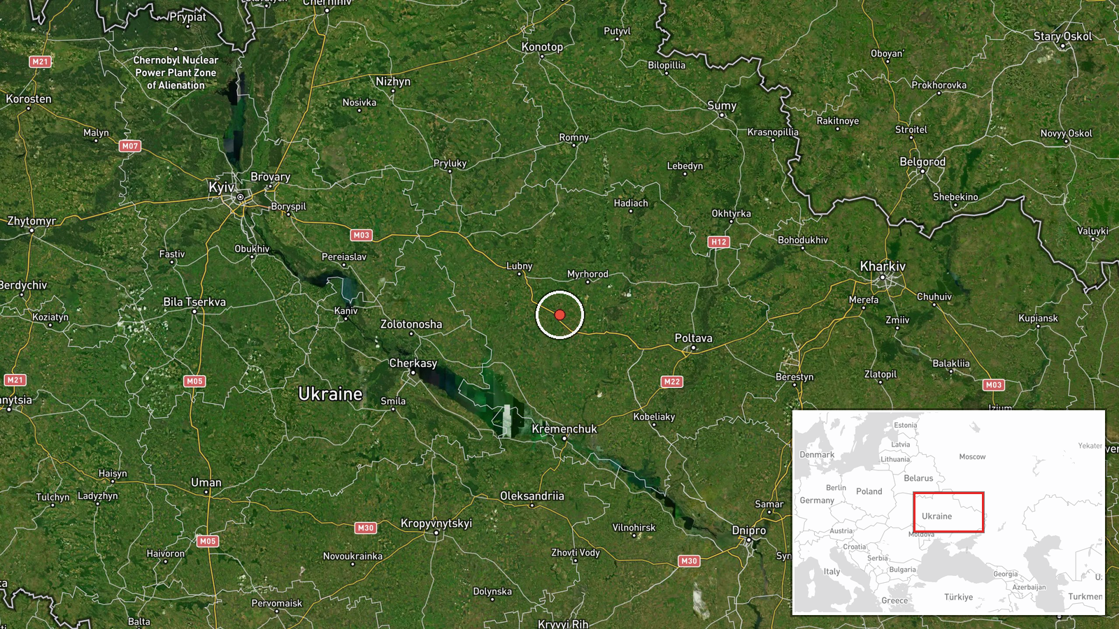 En route: Reshetylivka → Drabiv, Poltava Oblast, Ukraine — Drone Transit location map